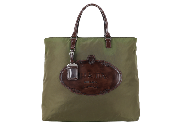 PRADA BR3227 KHAKI GREEN NYLON TOTE WITH CARD, STRAPS AND DUST COVER