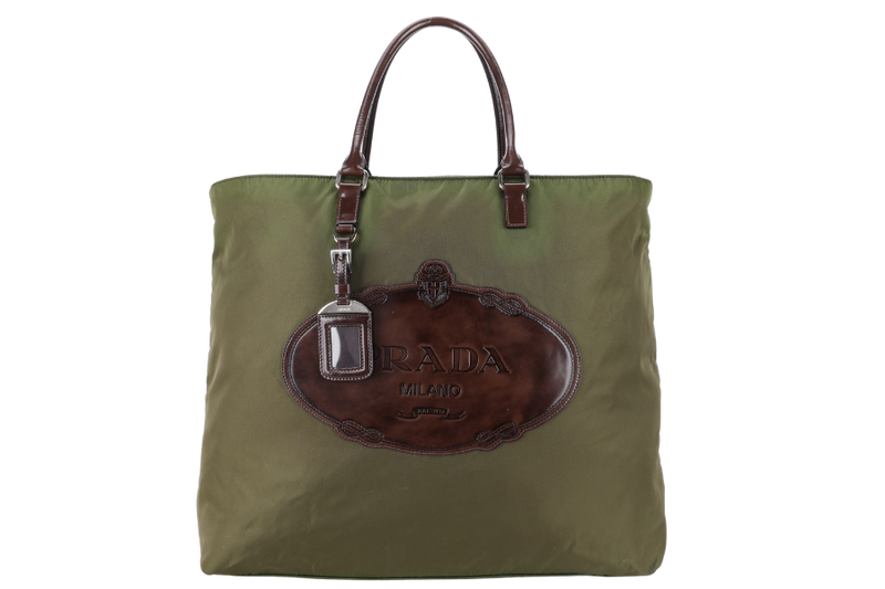 PRADA BR3227 KHAKI GREEN NYLON TOTE WITH CARD, STRAPS AND DUST COVER