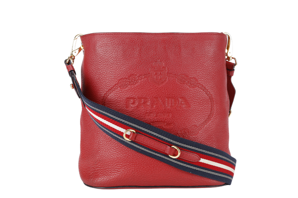 PRADA LOGO VITELLO PHENIX MEDIUM RED LEATHER BUCKET MESSENGER BAG GOLD HARDWARE WITH STRAPS AND DUST COVER