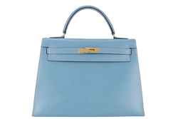 HERMES KELLY 32 BLUE JEAN BOX LEATHER GOLD HARDWARE STAMP A (YEAR 1997) WITH STRAPS, KEYS AND LOCK