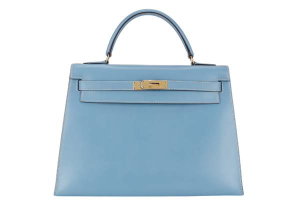 HERMES KELLY 32 BLUE JEAN BOX LEATHER GOLD HARDWARE STAMP A (YEAR 1997) WITH STRAPS, KEYS AND LOCK