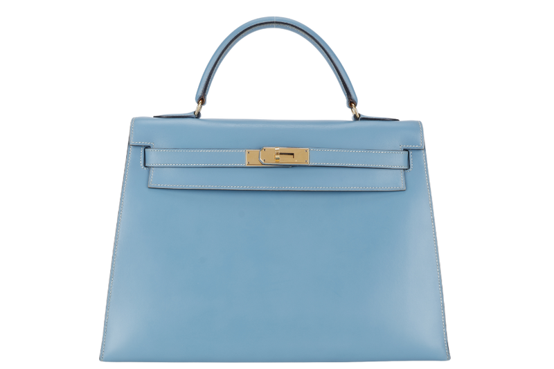 HERMES KELLY 32 BLUE JEAN BOX LEATHER GOLD HARDWARE STAMP A (YEAR 1997) WITH STRAPS, KEYS AND LOCK