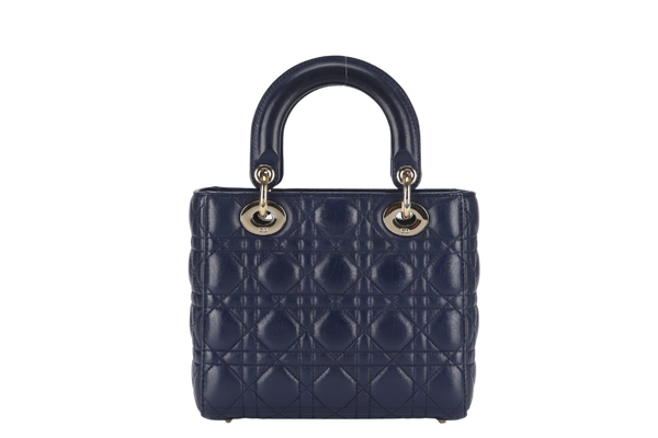 CHRISTIAN DIOR LADY DIOR SMALL (01-RU-1117) NAVY BLUE CANNAGE LAMBSKIN GOLD HARDWARE WITH STRAP, DUST COVER AND BOX