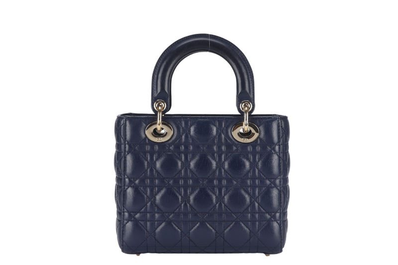 CHRISTIAN DIOR LADY DIOR SMALL (01-RU-1117) NAVY BLUE CANNAGE LAMBSKIN GOLD HARDWARE WITH STRAP, DUST COVER AND BOX