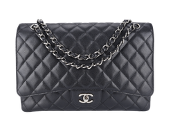 CHANEL SINGLE FLAP MAXI BLACK CAVIAR LEATHER SILVER HARDWARE 1328xxxx WITH CARD AND DUST COVER