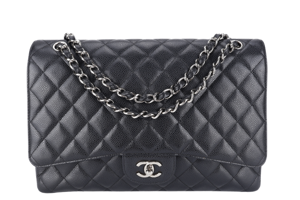 CHANEL SINGLE FLAP MAXI BLACK CAVIAR LEATHER SILVER HARDWARE 1328xxxx WITH CARD AND DUST COVER