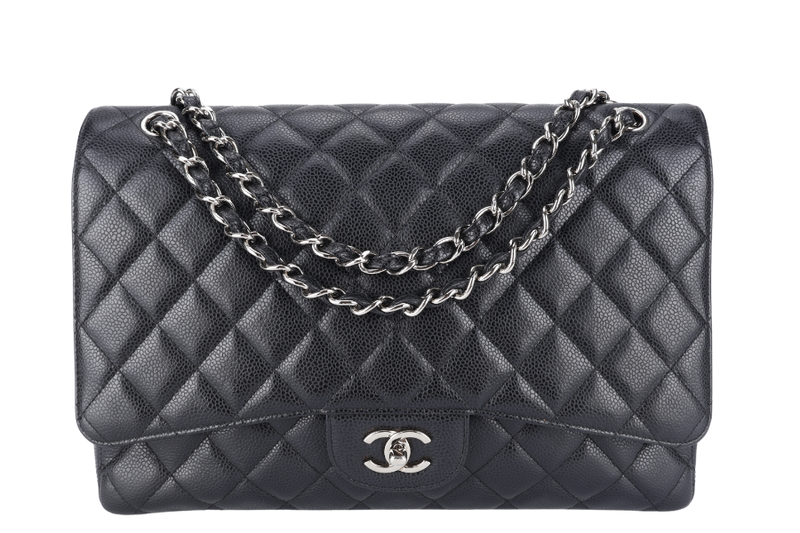 CHANEL SINGLE FLAP MAXI BLACK CAVIAR LEATHER SILVER HARDWARE 1328xxxx WITH CARD AND DUST COVER