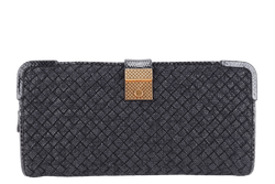 BOTTEGA VENETA CLUTCH WITH SNAKESKIN TRIMMING BLACK INTRECCIATO WOVEN RAFFIA GOLD HARDWARE WITH DUST COVER