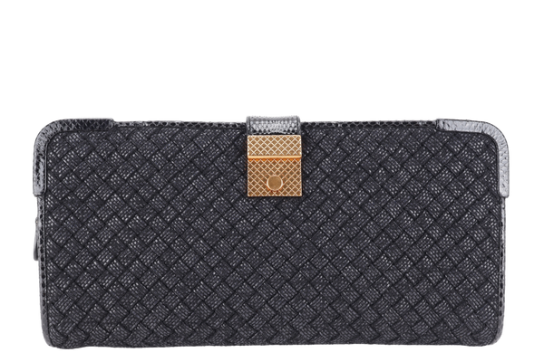 BOTTEGA VENETA CLUTCH WITH SNAKESKIN TRIMMING BLACK INTRECCIATO WOVEN RAFFIA GOLD HARDWARE WITH DUST COVER