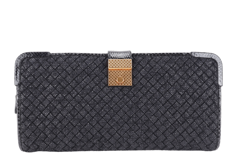 BOTTEGA VENETA CLUTCH WITH SNAKESKIN TRIMMING BLACK INTRECCIATO WOVEN RAFFIA GOLD HARDWARE WITH DUST COVER