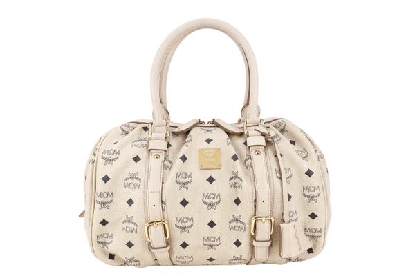 MCM BOSTON LIGHT BEIGE MONOGRAM CANVAS GOLD HARDWARE WITH KEYS, LOCK AND DUST COVER