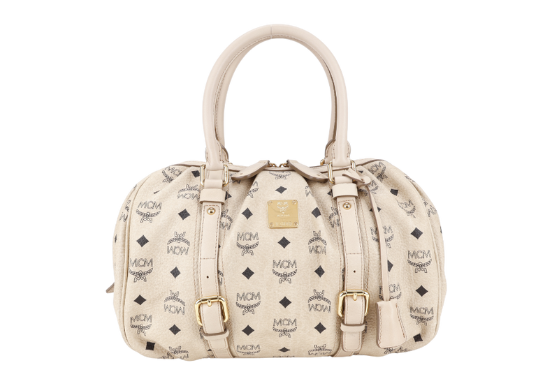 MCM BOSTON LIGHT BEIGE MONOGRAM CANVAS GOLD HARDWARE WITH KEYS, LOCK AND DUST COVER