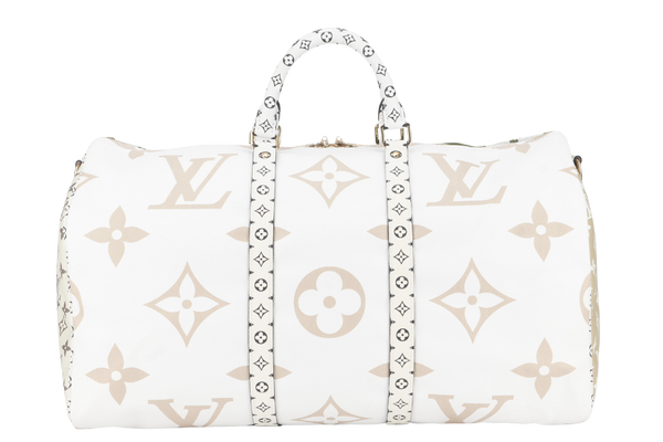 LOUIS VUITTON KEEPALL BANDOULIERE 50 (M44590) KHAKI BEIGE GIANT MONOGRAM GOLD HARDWARE WITH STRAPS, PADLOCK, KEYS, DUST COVER AND BOX