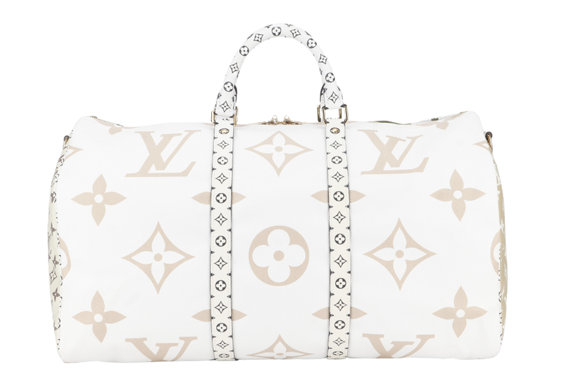 LOUIS VUITTON KEEPALL BANDOULIERE 50 (M44590) KHAKI BEIGE GIANT MONOGRAM GOLD HARDWARE WITH STRAPS, PADLOCK, KEYS, DUST COVER AND BOX