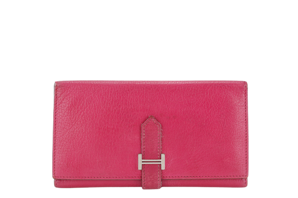 HERMES BEARN WALLET STAMP J SQUARE (YEAR 2006) PINK CHEVRE LEATHER SILVER HARDWARE BOX
