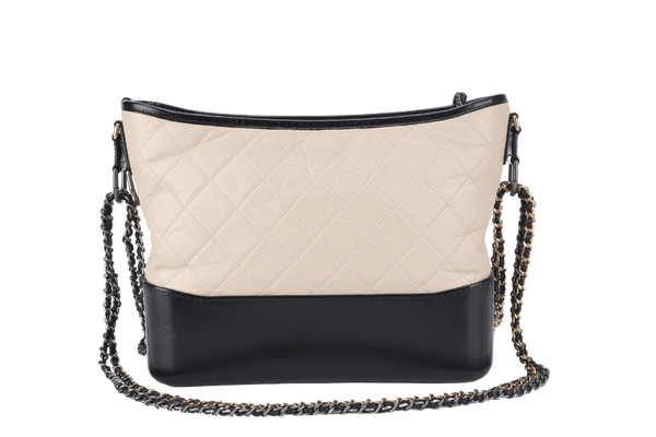 CHANEL GABRIELLE MEDIUM (254xxxx) BEIGE BLACK AGED CALFSKIN GOLD TONE/SILVER TONE & RUTHENIUM HARDWARE WITH DUST COVER