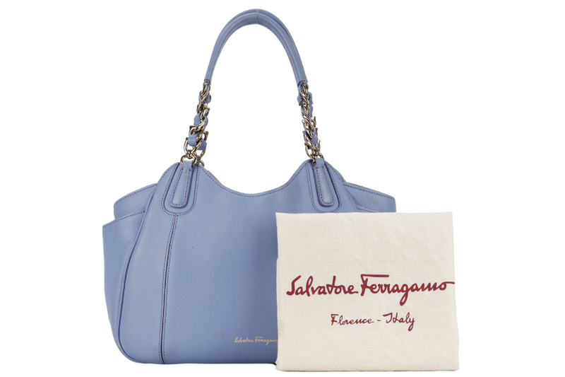 SALVATORE FERRAGAMO MELINDA TOTE BAG SMALL LIGHT BLUE LEATHER GOLD HARDWARE WITH DUST COVER