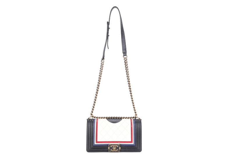 CHANEL LEBOY (2191xxxx) CREST BLACK, RED, WHITE & BLUE LAMBSKIN LEATHER GOLD HARDWARE WITH BOX