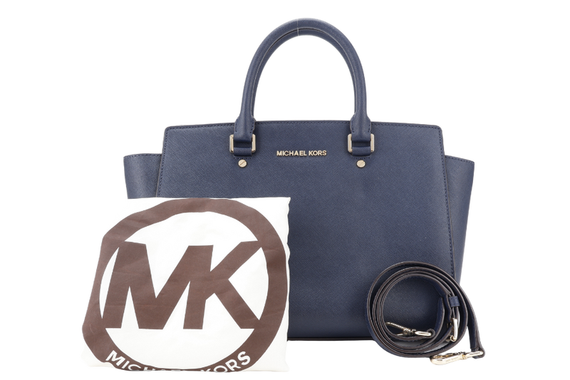 MICHAEL KORS SELMA NAVY SAFFIANO LEATHER SATCHEL BAG GOLD HARDWARE WITH STRAPS AND DUST COVER