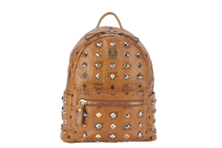 MCM VISETOS STUDDED STARK BACKPACK MEDIUM BROWN LEATHER GOLD HARDWARE WITH DUST COVER