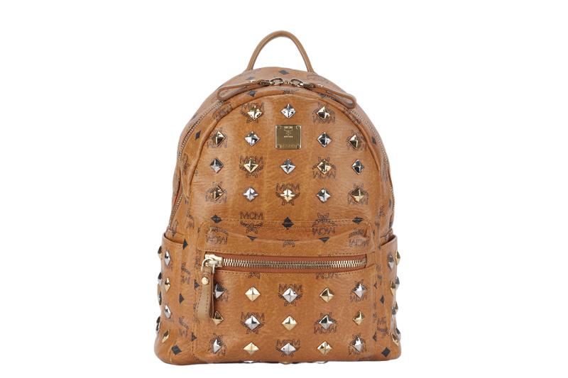 mcm visetos studded stark backpack medium brown leather gold hardware with dust cover