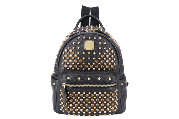 MCM BLACK SMALL BACKPACK GOLD STUDDED SWAROVSKI BACKPACK WITH DUST COVER