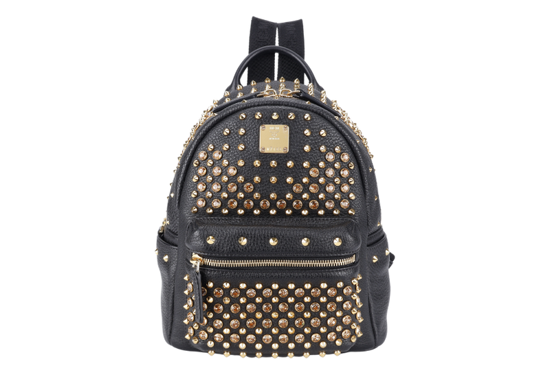 MCM BLACK SMALL BACKPACK GOLD STUDDED SWAROVSKI BACKPACK WITH DUST COVER