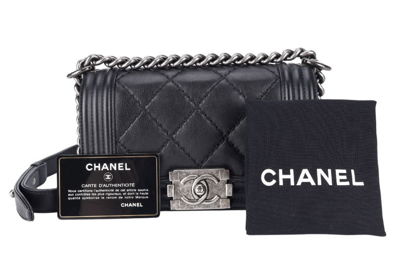 CHANEL LEBOY MINI BLACK CALF LEATHER RUTHENIUM CHAIN (1875xxxx) WITH DUST COVER AND CARD