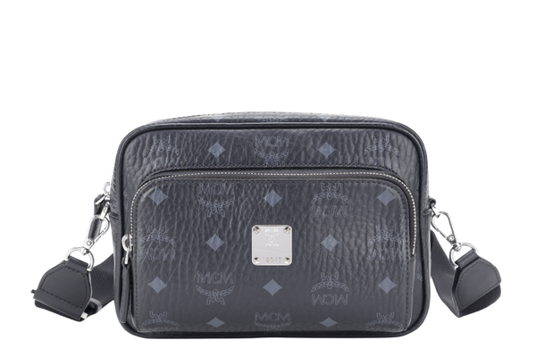 MCM AREN CROSSBODY IN VISETOS SMALL BLACK LEATHER SILVER HARDWARE WITH DUST COVER