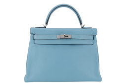 HERMES KELLY 32 BLUE ATOLL CLEMENCE SILVER HARDWARE STAMP X (YEAR 2016) WITH KEYS&LOCK, STRAPS, DUST COVER AND BOX