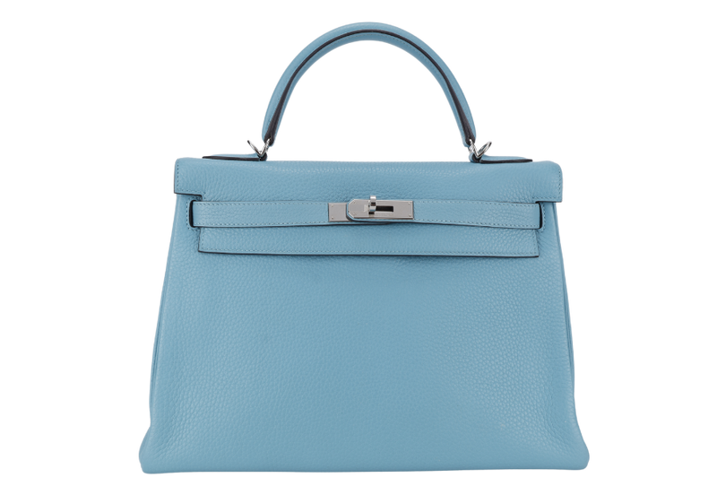 HERMES KELLY 32 BLUE ATOLL CLEMENCE SILVER HARDWARE STAMP X (YEAR 2016) WITH KEYS&LOCK, STRAPS, DUST COVER AND BOX