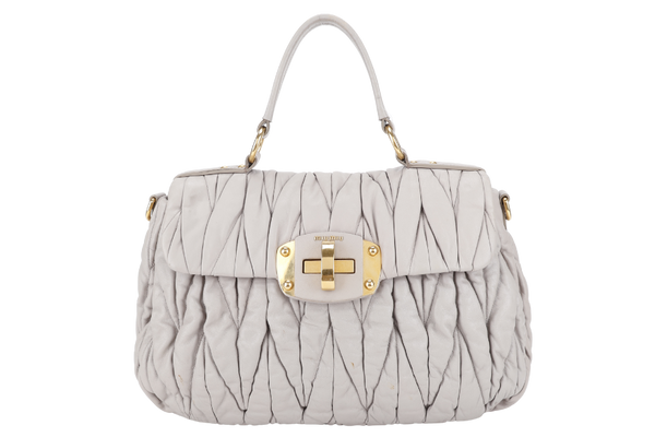MIU MIU GREY TURNLOCK TOP HANDLE MATELASSE LEATHER 2WAY BAG GOLD HARDWARE WITH LEATHER STRAPS NO DUST COVER
