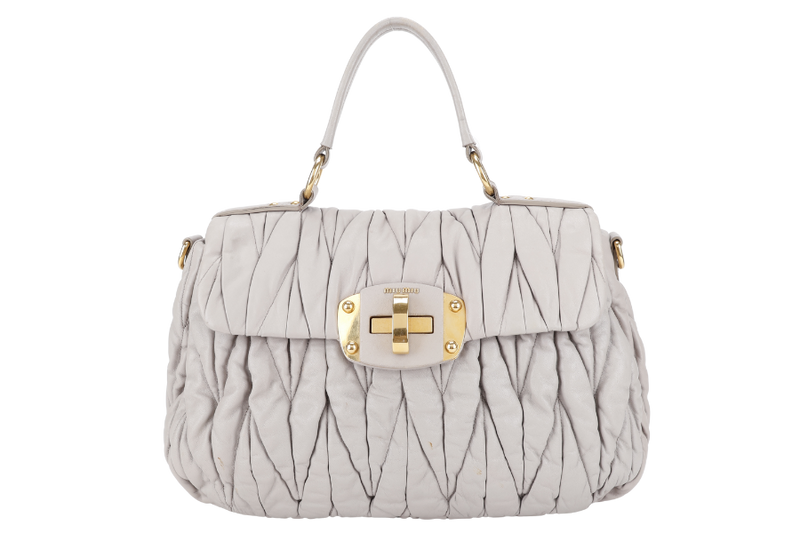 MIU MIU GREY TURNLOCK TOP HANDLE MATELASSE LEATHER 2WAY BAG GOLD HARDWARE WITH LEATHER STRAPS NO DUST COVER