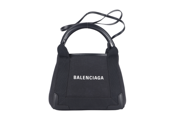 BALENCIAGA CABAS (390346) TWO WAY BAG xs BLACK CANVAS SILVER HARDWARE 1000.T.523147 WITH DUST COVER AND BOX