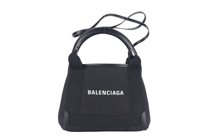 BALENCIAGA CABAS (390346) TWO WAY BAG xs BLACK CANVAS SILVER HARDWARE 1000.T.523147 WITH DUST COVER AND BOX