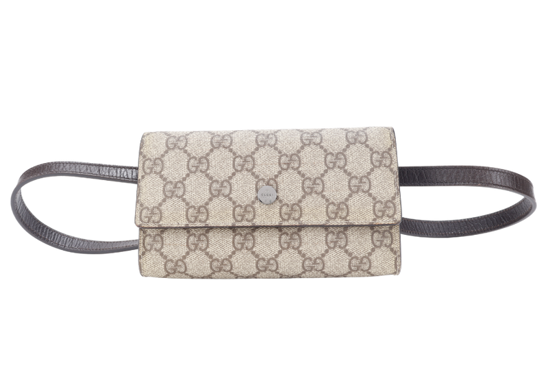 GUCCI GG CANVAS PVC LEATHER WAIST BAG SILVER HARDWARE WITH LEATHER STRAPS