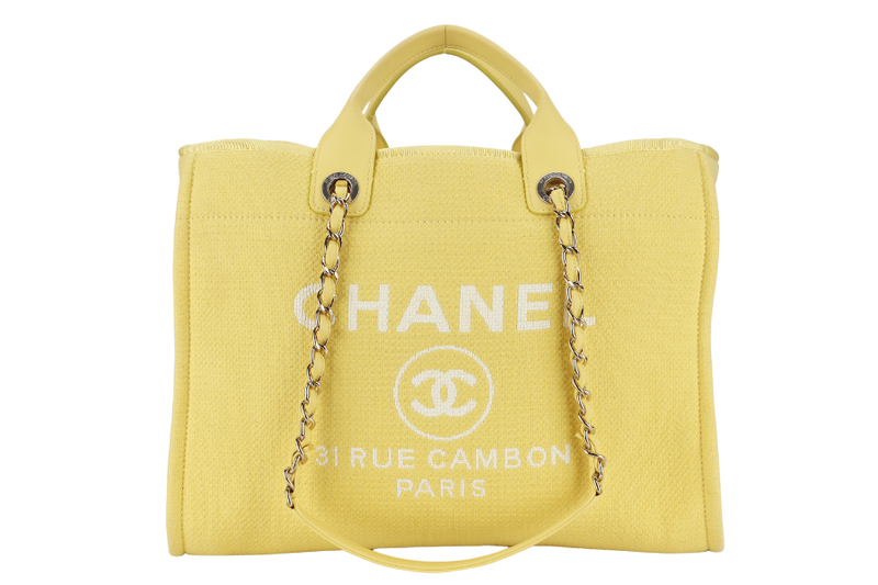 CHANEL DEAUVILLE TOTE BAG MICROCHIP (AJPXxxxx) LARGE YELLOW CANVAS GOLD HARDWARE WITH POUCH NO DUST COVER