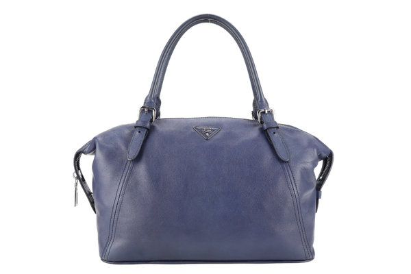 PRADA BR4998 BLUE LARGE LEATHER BOSTON BAG SILVER HARDWARE WITH KEYS & LOCK NO DUST COVER