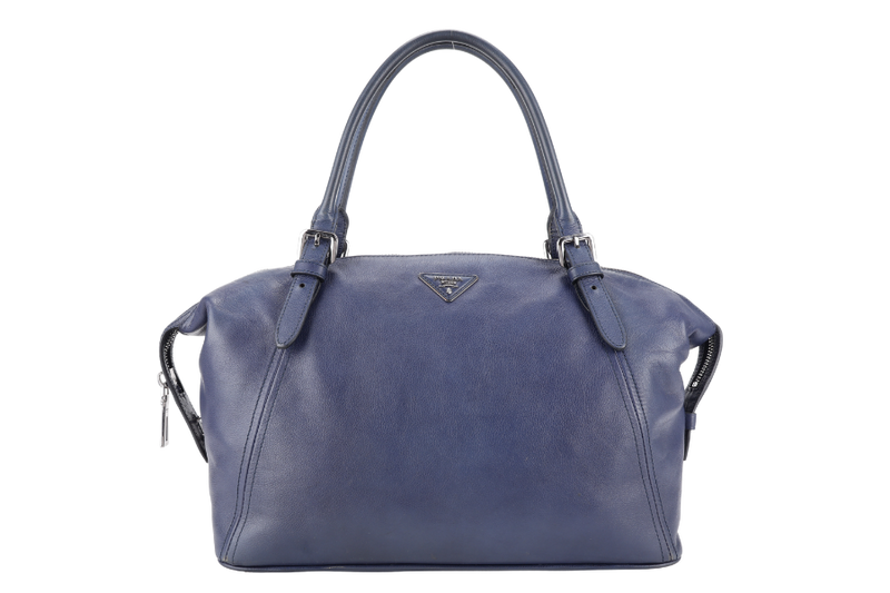 PRADA BR4998 BLUE LARGE LEATHER BOSTON BAG SILVER HARDWARE WITH KEYS & LOCK NO DUST COVER