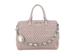 MIU MIU PINK MATELASSE NAPPA LEATHER CRYSTAL TOTE SILVER HARDWARE WITH CRYSTAL AND LEATHER STRAP