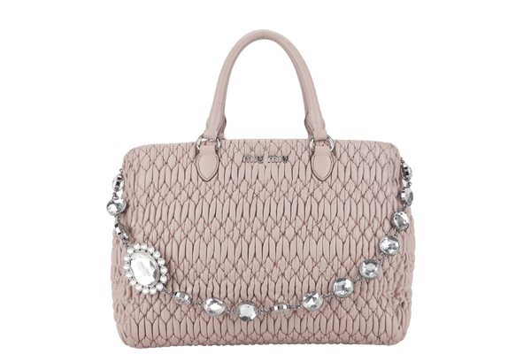 MIU MIU PINK MATELASSE NAPPA LEATHER CRYSTAL TOTE SILVER HARDWARE WITH CRYSTAL AND LEATHER STRAP