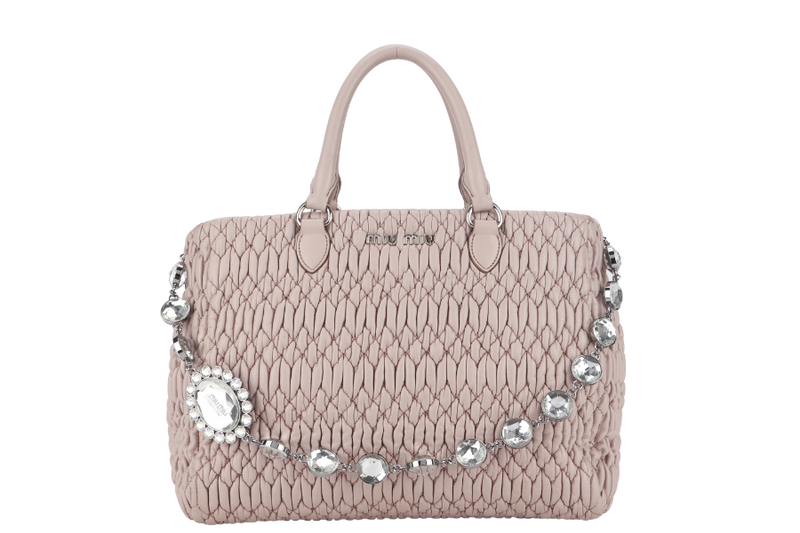 MIU MIU PINK MATELASSE NAPPA LEATHER CRYSTAL TOTE SILVER HARDWARE WITH CRYSTAL AND LEATHER STRAP