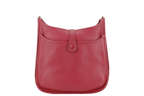 HERMES EVELYNE MM STAMP R (YEAR 2014) RUBIS CLEMENCE LEATHER SILVER HARDWARE WITH STRAPS AND DUST COVER