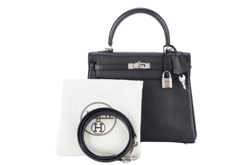 HERMES KELLY 25 RETOURNE BLACK EPSOM SILVER HARDWARE STAMP H (2004) WITH LOCK, KEYS, STRAPS AND DUST COVER