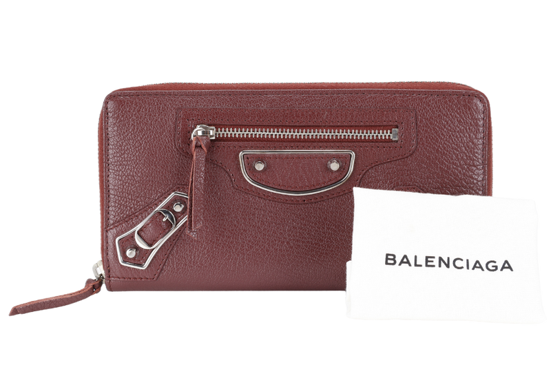 BALENCIAGA EDGE CONTINENTAL MAROON LEATHER ZIPPY WALLET SILVER HARDWARE WITH DUST COVER