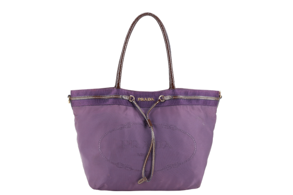 PRADA TESSUTO LOGO TOTE (BS6400) PURPLE NYLON JACQUARD GOLD HARDWARE NO DUST COVER