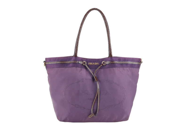 PRADA TESSUTO LOGO TOTE (BS6400) PURPLE NYLON JACQUARD GOLD HARDWARE NO DUST COVER