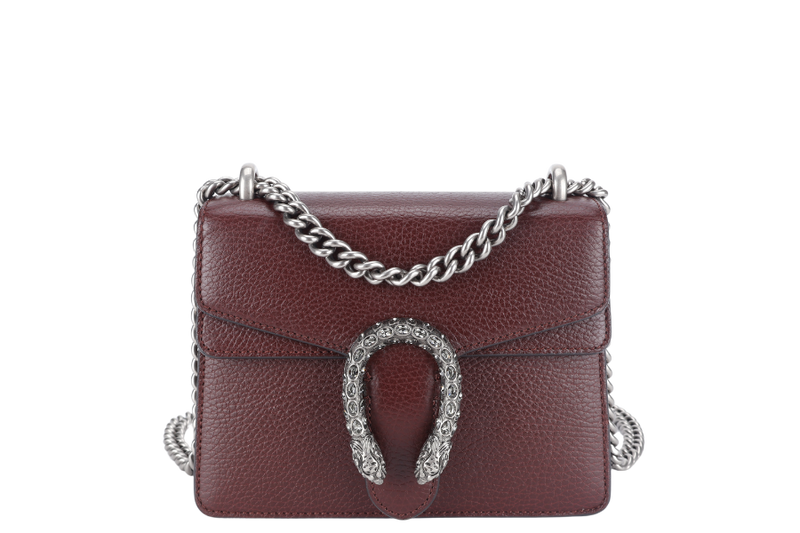 GUCCI 421970 493075 DIONYSUS MINI MAROON TANNED LEATHER SHOULDER BAG SILVER HARDWARE WITH DUST COVER