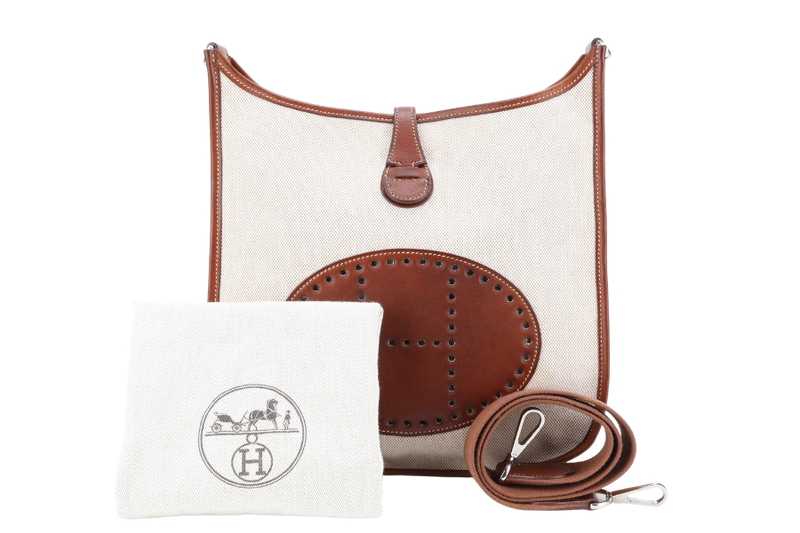 HERMES EVELYN PM TOILE X BARENIA LEATHER STAMP SQUARE K (YEAR 2007) WITH SLING AND DUST COVER