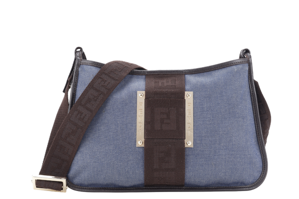 FENDI AB02827 BLUE DENIM CROSSBODY BAG BROWN DARK BROWN GOLD HARDWARE WITH STRAPS